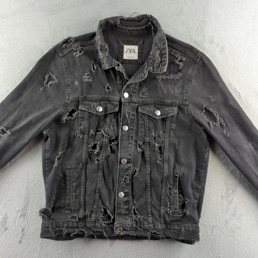 Zara Jacket Mens XL Black Distressed Ripped Denim Emo Punk Grunge Y2K 90s Style